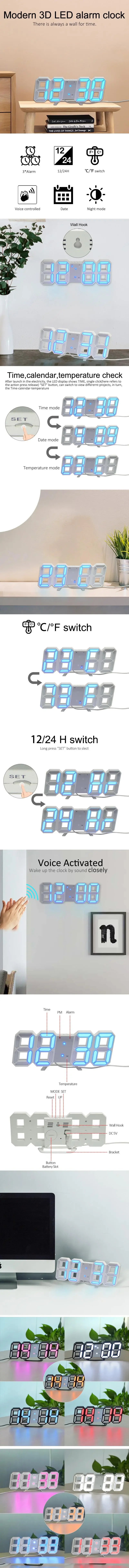 Purchase Products Clock 3D LED Digital Alarm Clock Wall Clock Time/date/temperature For Home/kitchen/office Clocks Decor Garden TechNest